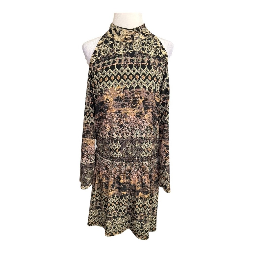 Veronica M. Boho‎ Geometric Mock Neck Cold Shoulder Smocked Waist Mini Dress XS